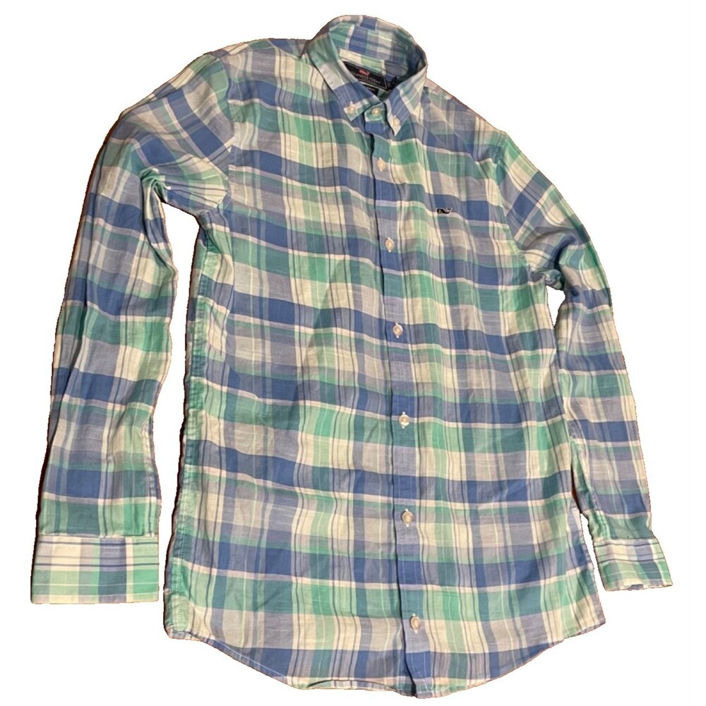 Vineyard Vines Shep & Ian Shirt Youth Large 16 Blue/Teal Plaid Whale Button Down
